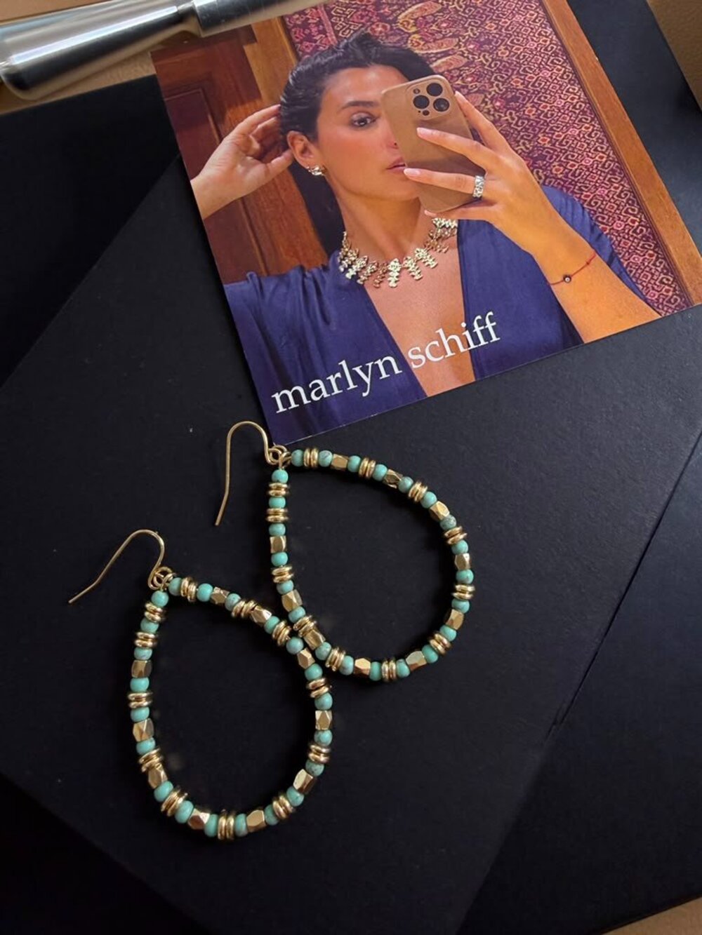 MARLYN SCHIFF - Turquoise and Gold Beaded Teardrop Earrings